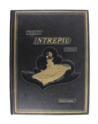 Black hardcover 20th anniversary USS Intrepid cruise book for 1943–1963 with a gold image of In…