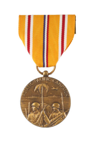 Front of Asiatic-Pacific Campaign Medal with image of troops, ships, an airplane and a palm tre…