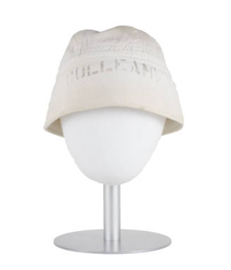 U.S. Navy white sailor's hat with the brim folded down, displayed on a white head form