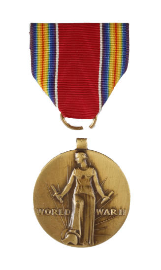 Front of World War II Victory Medal with rainbow colored ribbon and bronze medal depicting Libe…
