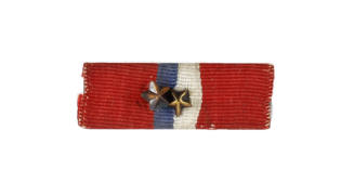 Philippine Liberation Medal ribbon, red with blue and white center stripes and two bronze stars