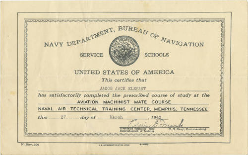 Printed certificate for Jacob Jack Elefant, Aviation Machinist Mate Course dated March 27, 1943