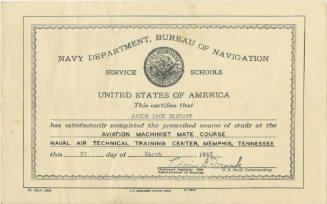 Printed certificate for Jacob Jack Elefant, Aviation Machinist Mate Course dated March 27, 1943