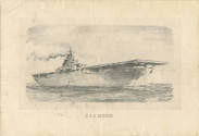 Printed program for USS Intrepid Commissioning Ceremony with a black and white drawing of Intre…