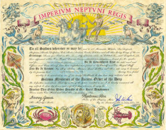 Printed Imperium Neptuni Regis certificate with colorful drawings of scrolling waves and seawee…