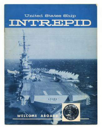 Printed booklet titled "United States Ship Intrepid, Welcome Aboard" with a blue and white phot…