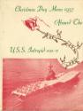 Printed USS Intrepid Christmas menu dated 1957 with a photo of Intrepid at sea and a drawing of…