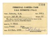 Printed USS Intrepid Personal Camera Pass for R.W. Osburn dated May 13, 1959