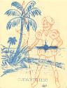 Printed port of call booklet for Ciudad Trujillo with a drawing of a beach and a man wearing a …