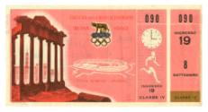 Printed ticket stub for the 1960 Olympics in Rome with a drawing of the Roman Forum