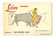 Printed Port of Call booklet for Lisbon, Portual with a colorful drawing of a matadoor, bull, a…