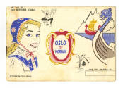 Printed Ports of Call booklet for Oslo, Norway with a colorful drawing of a women and a Viking …