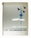 Silver hardcover USS Intrepid Cruise Book for 1959 with a stylized drawing of Intrepid