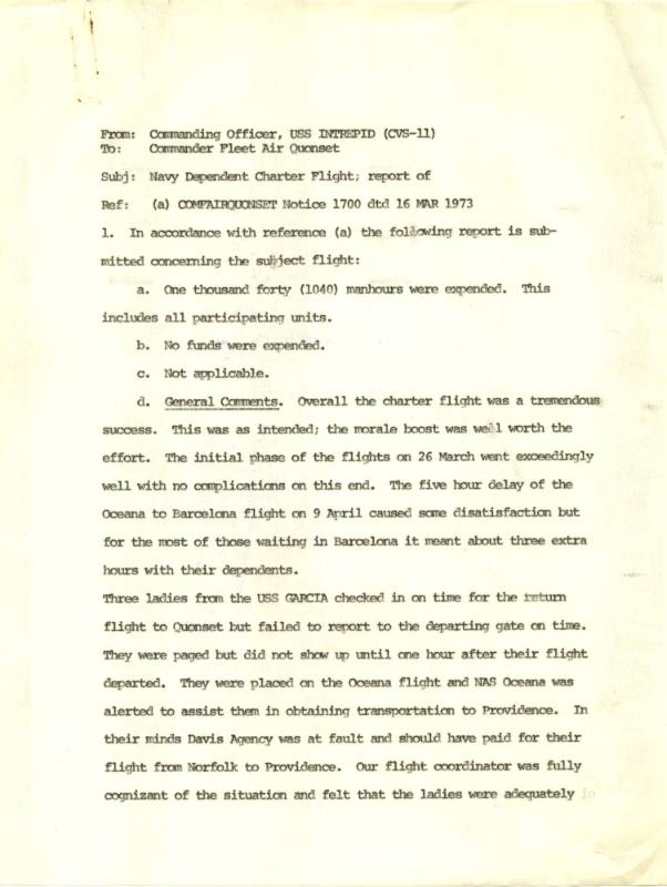 Printed memo about the Navy Dependent Flight from USS Intrepid's Commanding Officer to Commande…