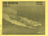 Printed cover of Roster of Officers, USS Intrepid with a photograph of Intrepid at sea on yello…