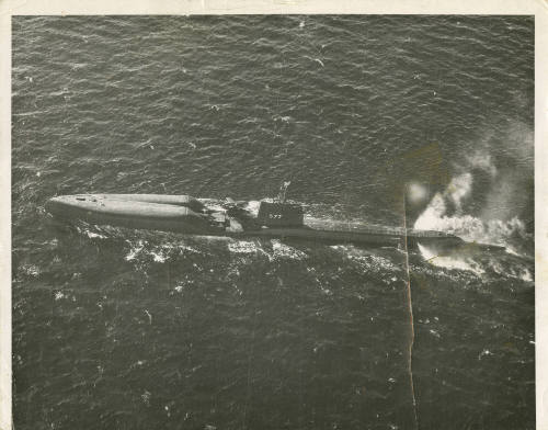 Black and white photograph of the submarine USS Growler at sea, from above