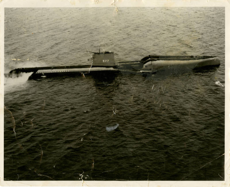 Black and white photograph of the submarine USS Growler at sea