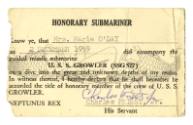 Printed membership card "Honorary Subarminer" for Mrs. Marie O'Day dated December 2, 1959