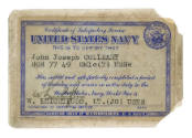 United States Navy membership card for John Joseph Colleary