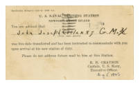 Printed card from the U.S. Naval Training Station for John Joseph Colleary