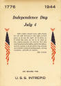 Printed USS Intrepid Independence Day menu with a drawing of two American flags dated July 4, 1…