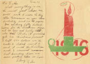 Front and back of a holiday card with a drawing of a candlestick