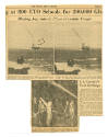 Printed newspaper clipping title "Blazing Jap Suicide Plane Pinpoints Target" with three black …