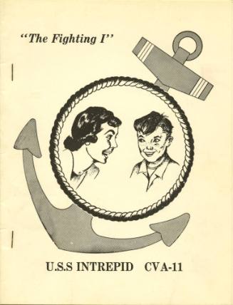 Printed booklet titled "The Fighting I" for USS Intrepid CVA-11 with a drawing of a mother and …