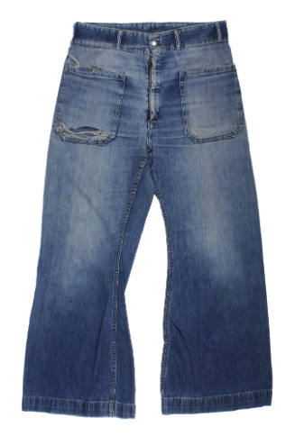 Front of a pair of blue dungaree trousers