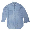 Front of blue long sleeve chambray shirt with "Brooking" over front pocket