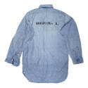 Back of blue long sleeve chambray shirt with "Brooking, A." on center back