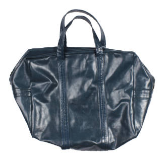 Blue vinyl duffel bag with two short handles