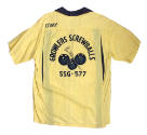 Back of yellow bowling shirt with image of bowling balls and screw in the center