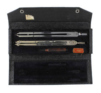 Black case for drafting set with divider, compass and screwdriver inside