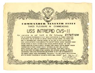 Printed citation for USS Intrepid CVS-11 dated May 1, 1966 to November 1, 1966