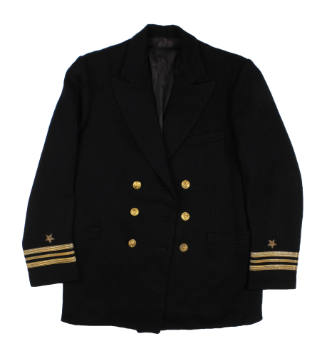 Front of U.S. Navy blue officer's coat with gold buttons and three gold stripes at cuffs