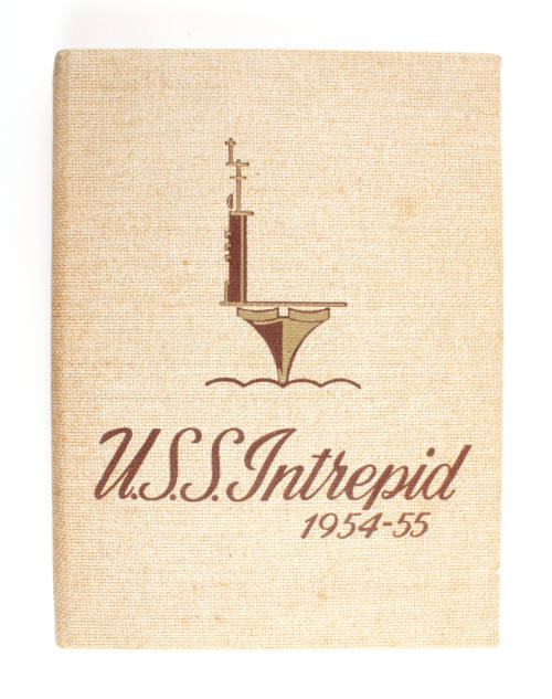 Printed hardcover 1954–55 USS Intrepid Cruise Book with a stylized image of Intrepid