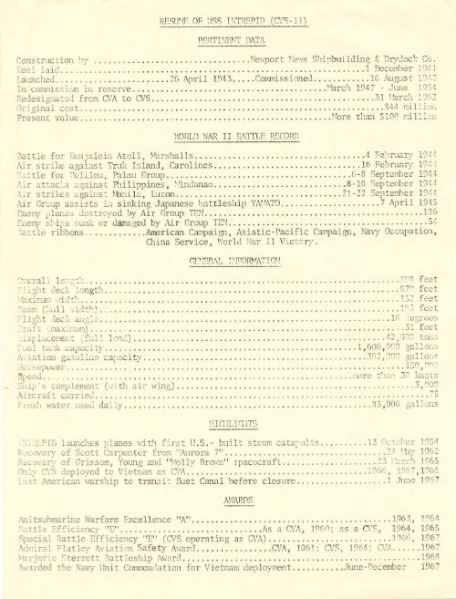 Printed Resume of USS Intrepid dated 1967