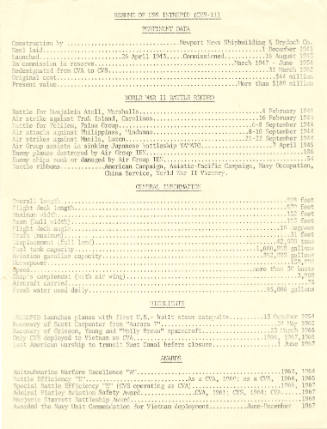 Printed Resume of USS Intrepid dated 1967
