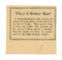 Printed newspaper clipping titled "They'd Better Run"