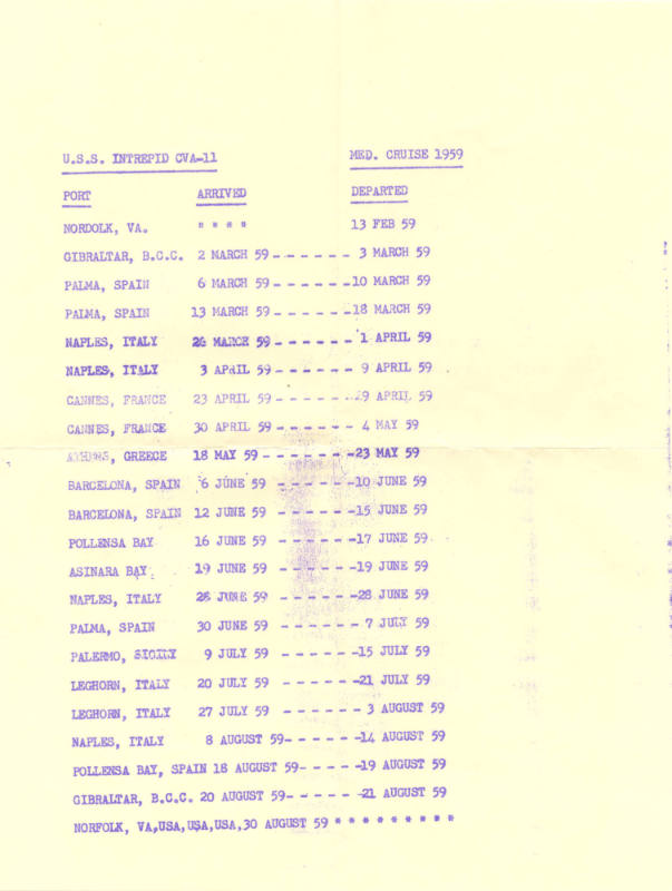 Printed list of USS Intrepid's ports of call in the 1959 Mediterranean Cruise