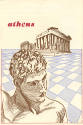 Printed port of call booklet for Athens with a drawing of a Greek statue and the Parthenon