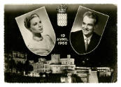 Printed postcard with photographs of Grace Kelly and Prince Rainier III of Monaco