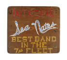 Square wooden sign for USS Intrepid's band, the Sea Notes, with red, blue and yellow hand-paint…