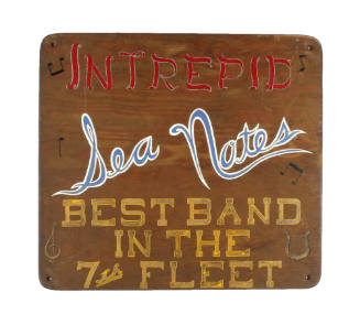 Square wooden sign for USS Intrepid's band, the Sea Notes, with red, blue and yellow hand-paint…