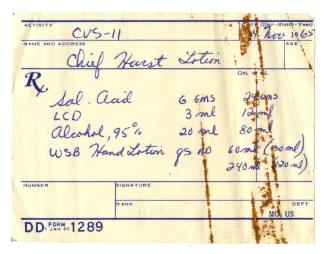 Handwritten prescription from USS Intrepid's pharmacy for hand lotion dated November 24, 1965
