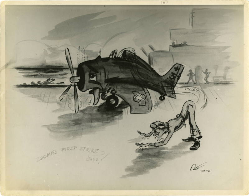 Black and white cartoon of pilot kissing the flight deck after just landing and anthropomorphic…