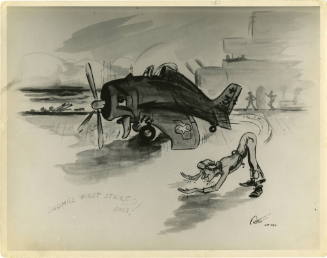 Black and white cartoon of pilot kissing the flight deck after just landing and anthropomorphic…