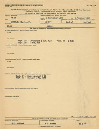 Printed Naval Aviators Monthly Achievement Report for Charles P. Amerman dated October 9, 1944