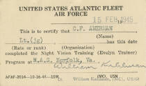 Printed United States Atlantic Fleet Air Force identification cards for C.P. Amerman dated Febr…